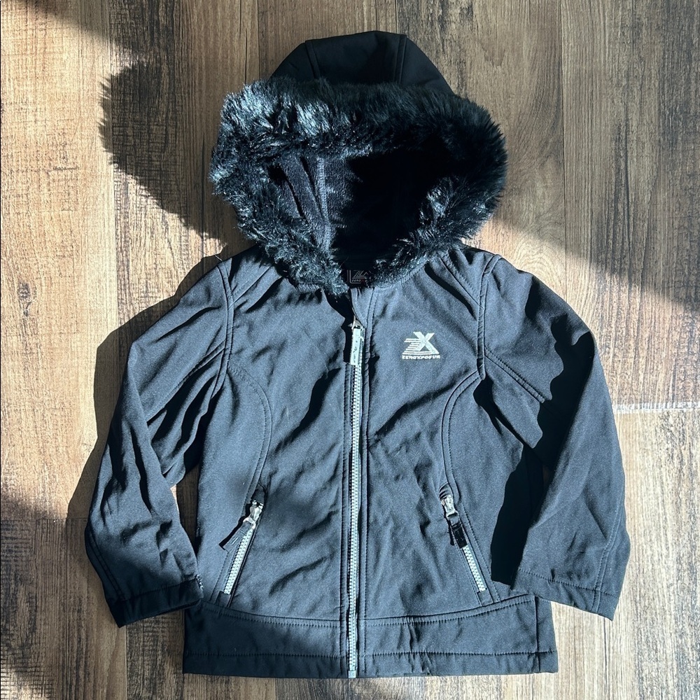 Black Hooded Jacket with Faux Fur Trim